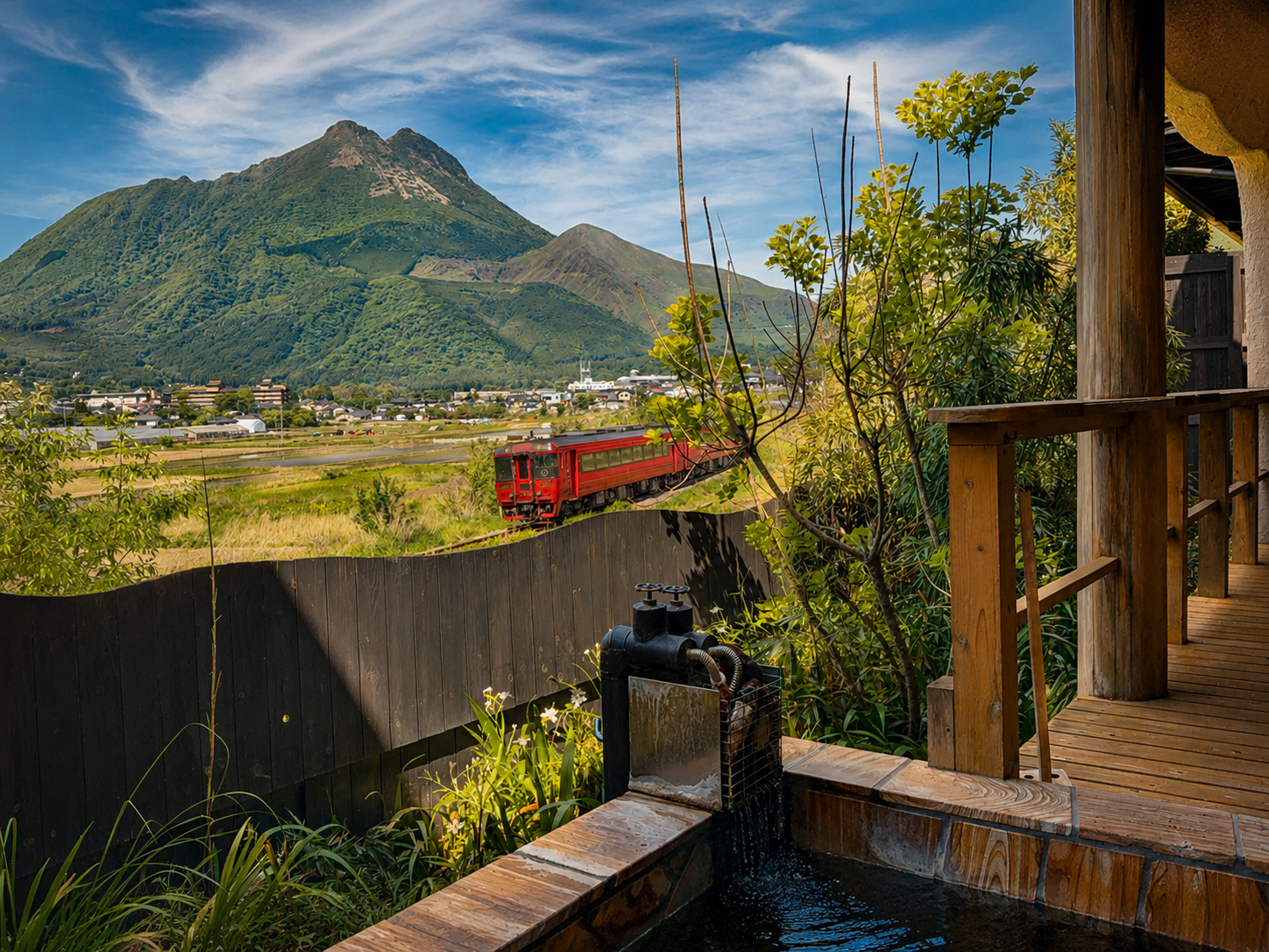 由布岳を背景に赤いJR列車が走る風景