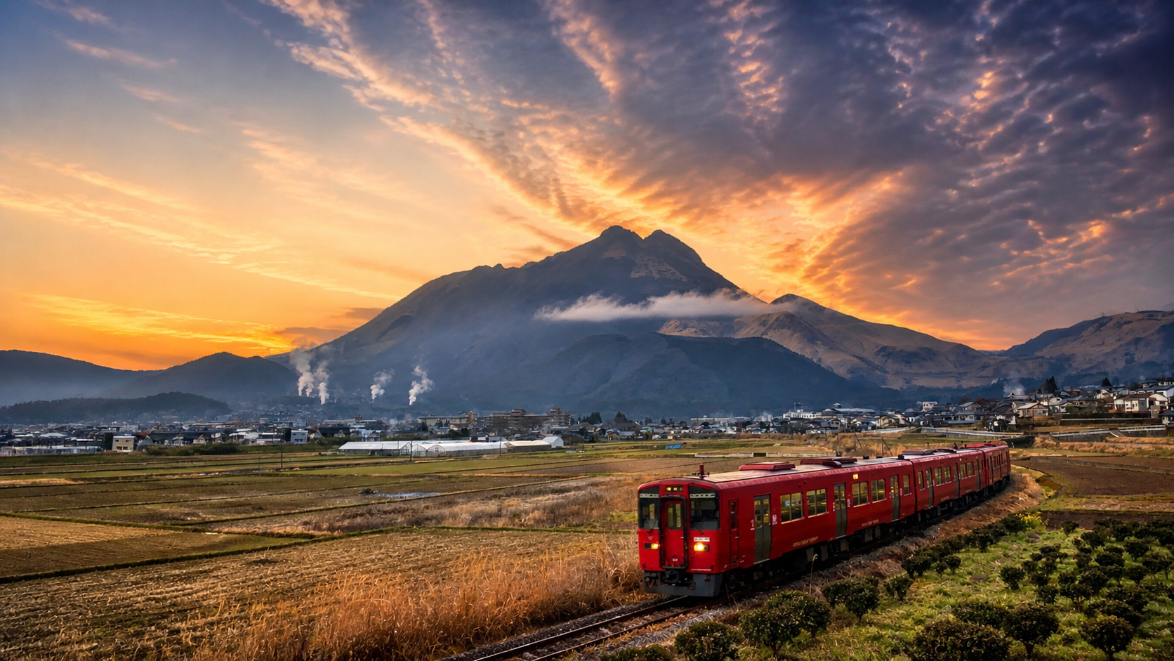 夕景の由布岳と列車